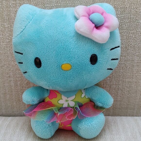 TY Hello Kitty by Sanrio Aqua Blue Tropical Flower 6" Plush 2014 - Picture 9 of 9
